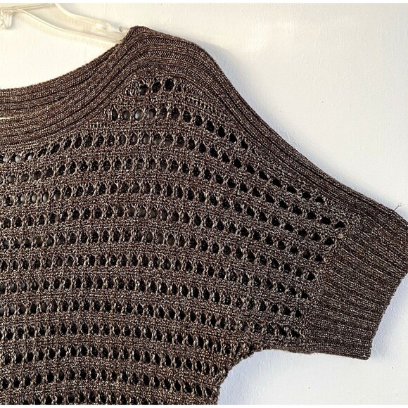 CHICO'S sz M / sz 1 Open Knit Umber Gold Sparkly Top Boat Neck Raglan Sleeve - Picture 4 of 4